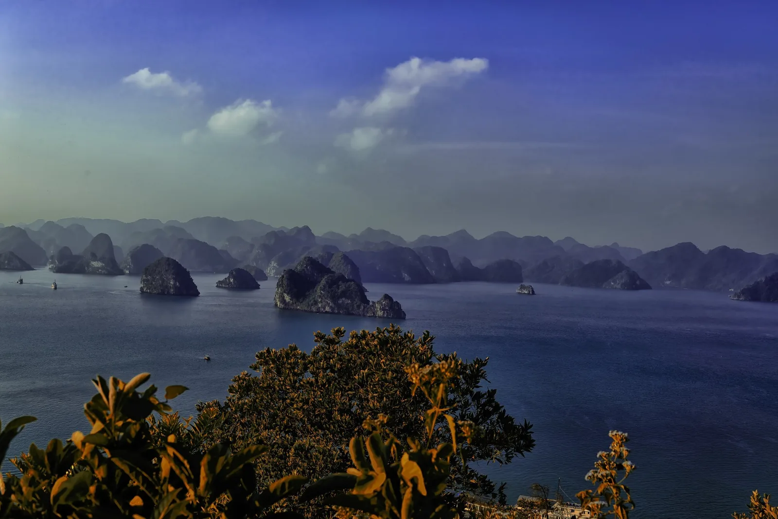 Những đảo đá vôi nhô lên trên mặt nước xanh của vịnh Hạ Long nhìn từ điểm cao.