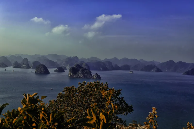 Những đảo đá vôi nhô lên trên mặt nước xanh của vịnh Hạ Long nhìn từ điểm cao.